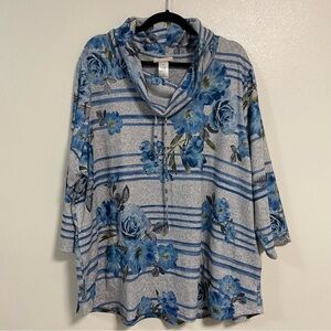 Alfred Dunner Women's Striped Floral Cowl Neck Knit Top Size 3X